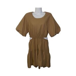 Madewell Seersucker Puff Sleeve Cutout Mini Dress Khaki Boho Size Small